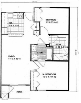 Floor plan for 2 beds, 1 bath, 786 sqft
